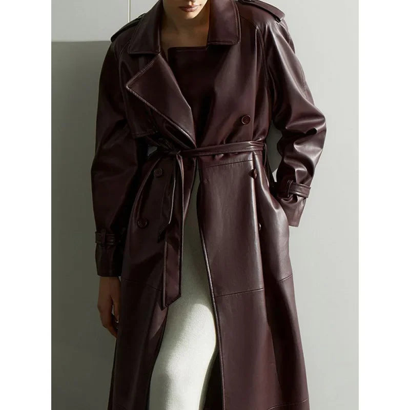 NEW Arrivals Autumn Winter Burgundy Lace Up Matte Leather Jackets Women Fashion Lapel Button Full Sleeve Long Coats New Street Outerwear Ladies Luxury Fashion Clothing Supplies