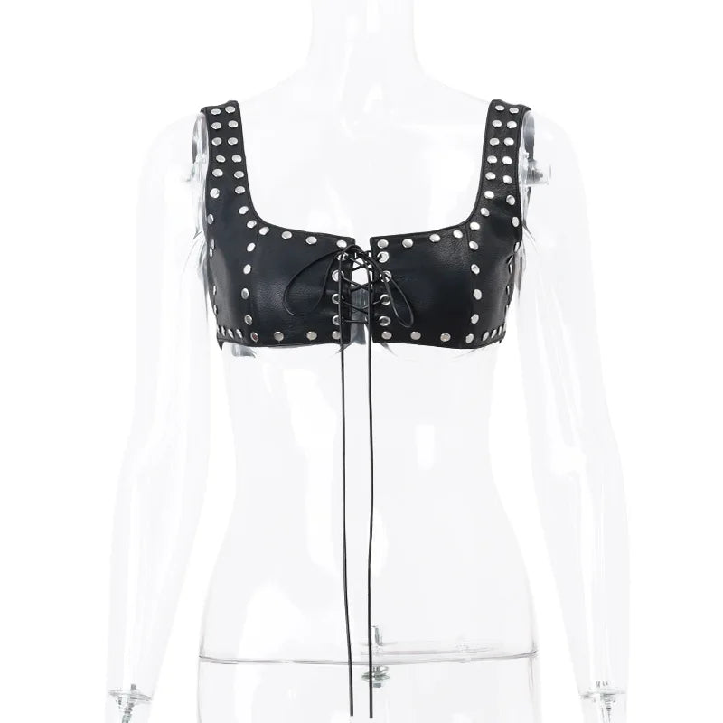 NEW Fashion PU Leather Lace Up Sleeveless Crop Tops Evening Rave Festival Party Night Clubwear Punk Sexy Cropped Camisole Top Tanks Streetwear Clothes