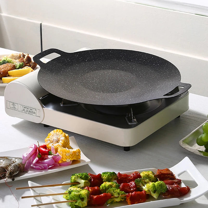 28/30/32/34/38cm Grill Pan Korean Round Non-Stick Barbecue Plate Outdoor Travel Camping BBQ Frying Pan Barbecue Accessories