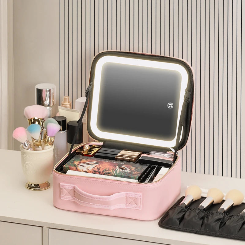 Make-Up Travel Train Case with LED Lighted Mirror, 3 Color Adjust Settings, Travel Makeup Bag With Adjustable Dividers Women Cosmetic Accessories