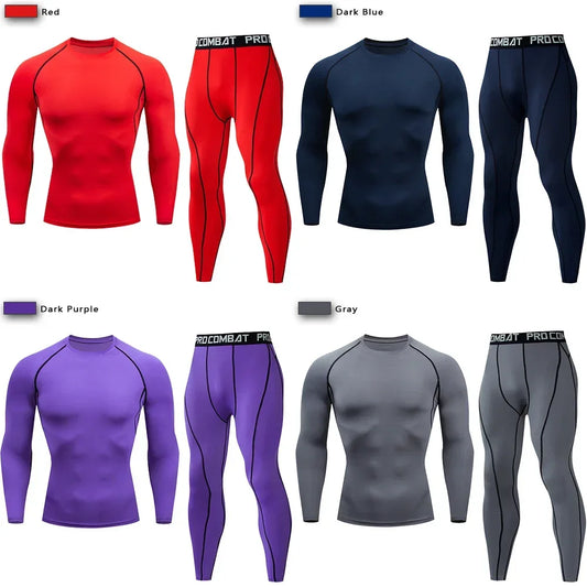 NEW 2PCS Set S-3XL(90Kg+) 14 Colors Men Compression Sportswear Suit Elastic Training Sports Yoga Sets Workout Jogging Fitness Clothing Tracksuit Pants + Long/Short Sleeve T-Shirts Jerseys