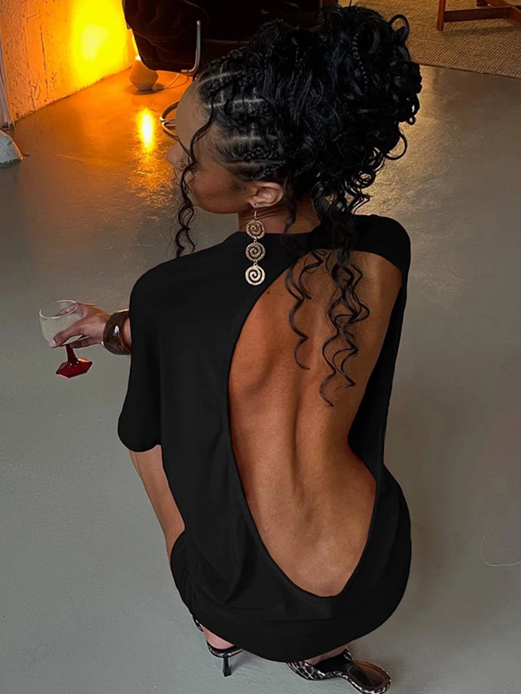 Black/Red Color Solid Sexy Backless Women Mini Dress Trend Summer Evening Bach Party Night Clubwear Prom Sexy Chic Half Sleeve Crew Neck Body-Shaping Frock Party Outfits