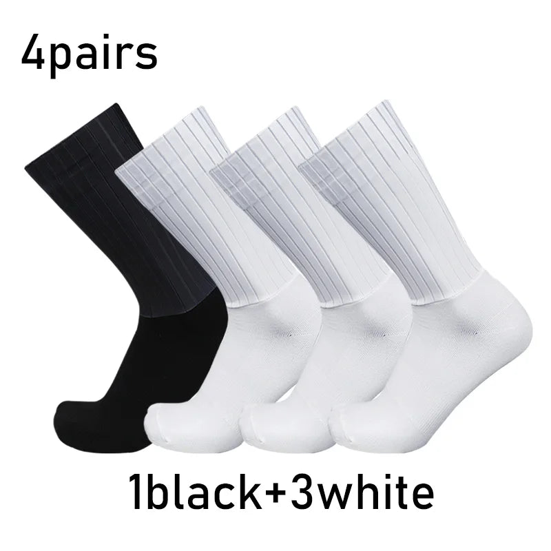 NEW Arrivals 4 Pairs Set Aero Pure Color Cycling Sports Socks Silicone Non-slip Pro Racing Bicycle Socks Summer Cool Calcetines Ciclismo Sports Apparel Accessories Clothing Supplies