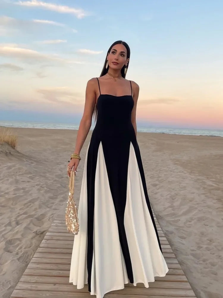 NEW Italian Fashion Gauze Contrasting Color Strap Sling-Long Sleeves Maxi Dress For Women Girls Elegant Backless Sleeveless High Waist Evening Party Dress Female Ladies Luxury Fashion Clothing Supplies