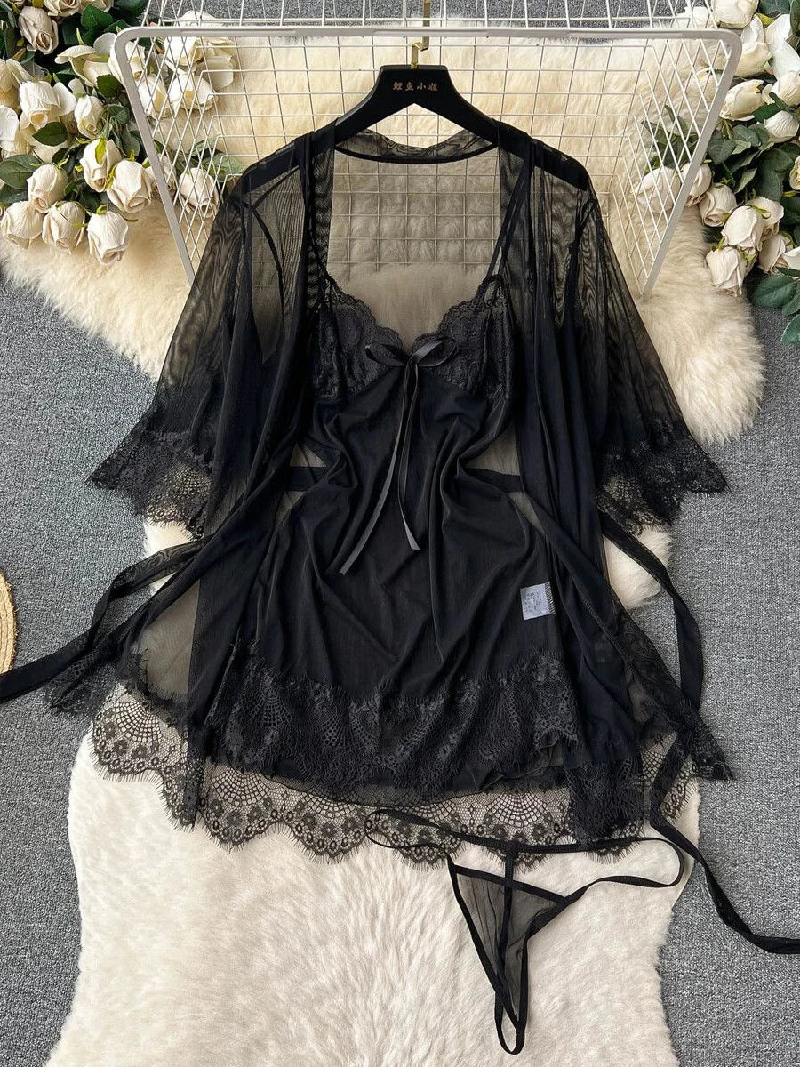 Women Preppy Style Sexy Uniform Sets 2024 V Neck Sheer Top+Lace Up Mini Skirt+Thongs Hollow Out Cosplay Porn Suits