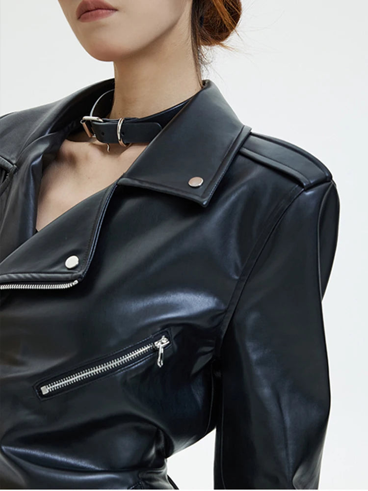 S-2XL Size  Spring Autumn Cool Handsome Black Soft PU Leather Jacket Women Shoulder Pads Long Sleeve Runway European Fashion Night Clubwear Jacket