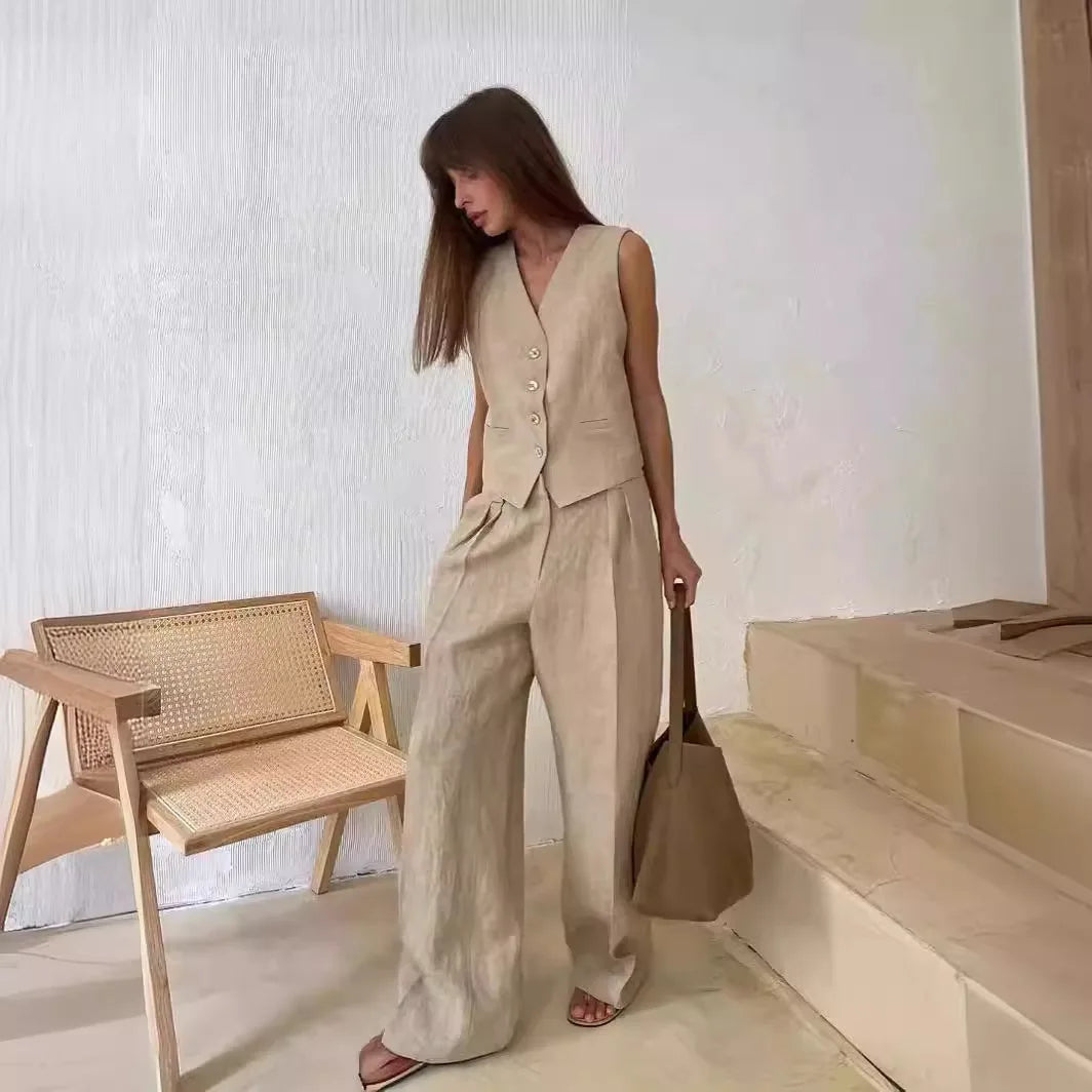 Just Arrived 2 PCS Set 4 Colors UK Size  Women Linen Cotton Chic Vest ＆ Pants Suit  Office Ladies Summer Chic  Women's Outfits