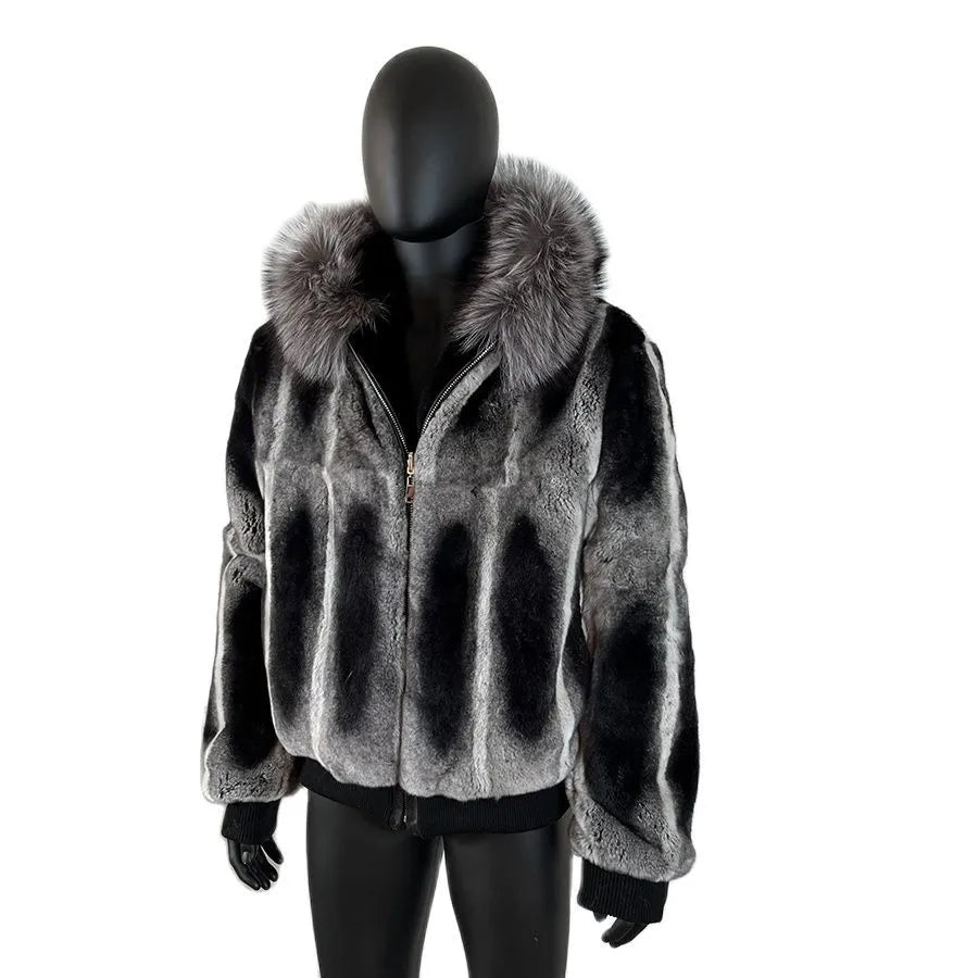 Chinchilla Fur Coats Real Rex Rabbit Fur Hooded Jacket With Natural Fox Fur Collar Real Fur Jackets