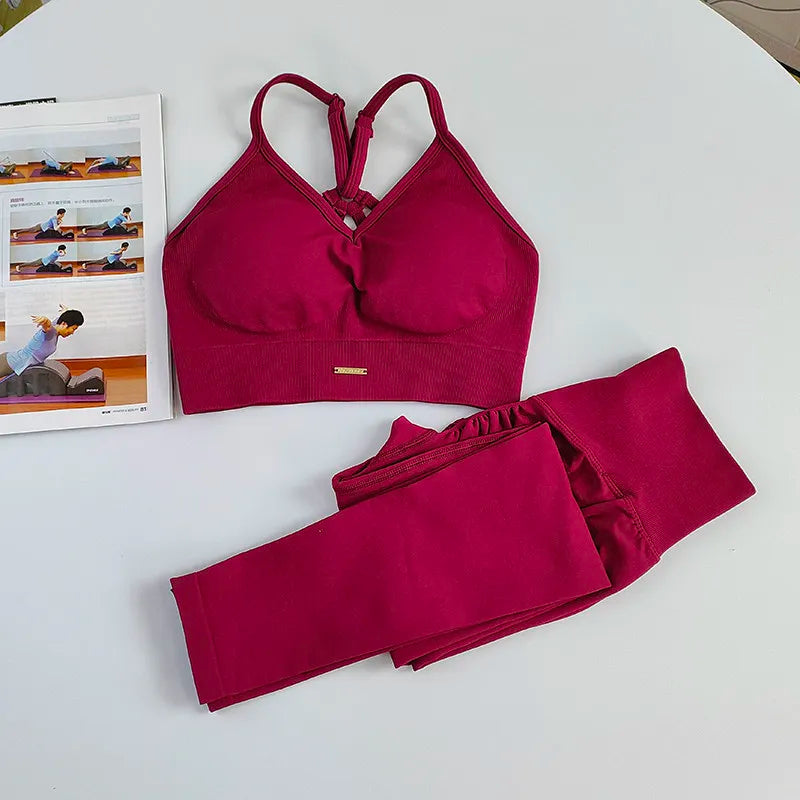 2 PCS Set Seamless Yoga Suit Women Sports Bra High Waist Leggings Gym Outfit Gym Set Fitness Workout Clothes Pilates Wearing Sportswear
