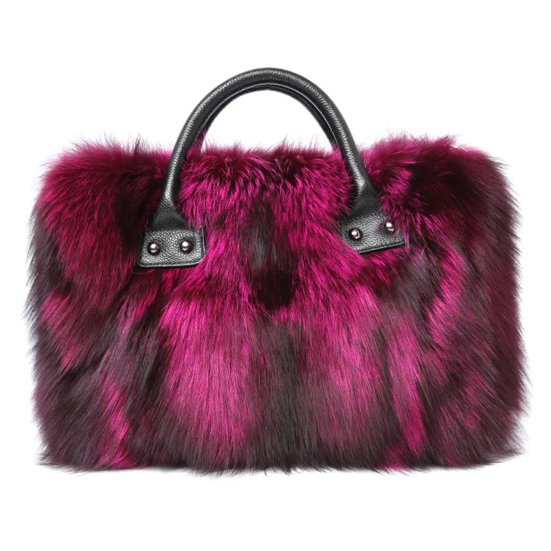 Super Luxurious Real Fox Mink Fur Handbags Winter Women Leather Bag Fashion Shoulder Bags Real Silver Fox Fur Messenger Bags Female Evening Party Bag Outdoor Travel Bags Ladies Luxury Winter Fashion Clothing Accessories Produ