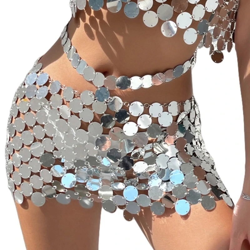 NEW Arrivals Sparkling Silver Sequins Backless Crop Tanks Top with Waist Chain Skirt Set Beach Festival Body Jewelry Outfit for Women Girls