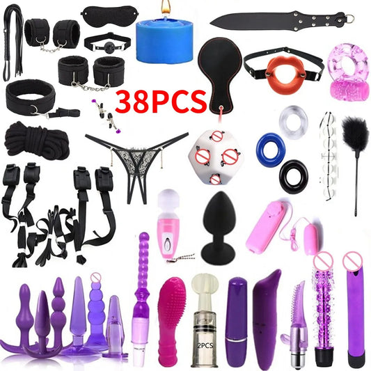 Adult Sex Set 38-piece Nylon Bondage Set Multiple Models Anal Plugs Sexy Lace Panties Nipple Clip Couples Flirting with Foreplay