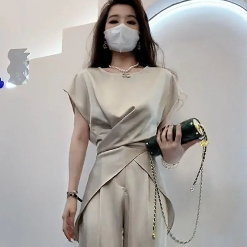 NEW Arrivals 2PCS Set M-3XL UK Size Luxury Trousers + Tops Chubby Woman Wide Leg Formal Satin Pant Sets for Women Sexy Silk Business Classy Outfit Ladies Luxury Fashion Apparel Supplies
