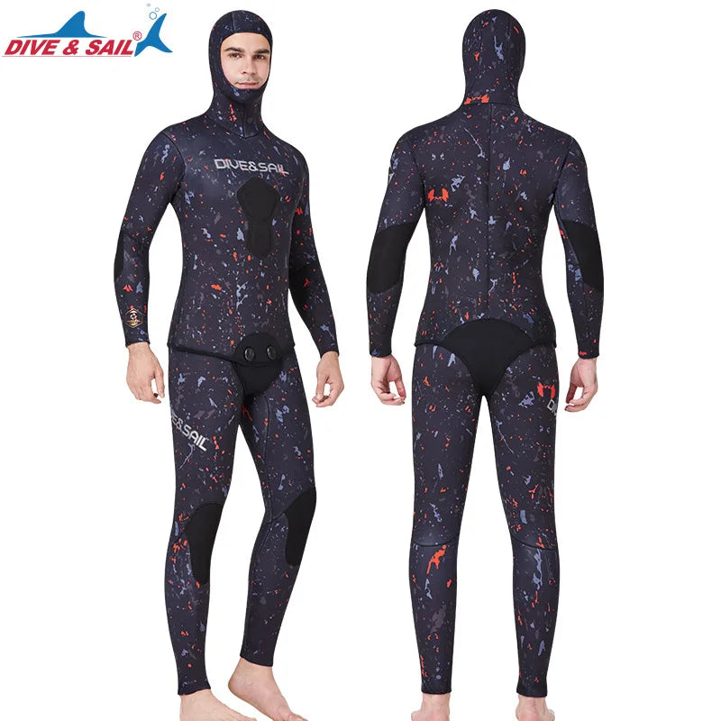 7MM Neoprene Material Thick and Warm S-3XL Extra Plus Size Women Men Wetsuit Top Quality Hooded Split Professional Thermal Diving Suit Water Sports Kitesurf Spearfishing Snorkeling Surfing Suit