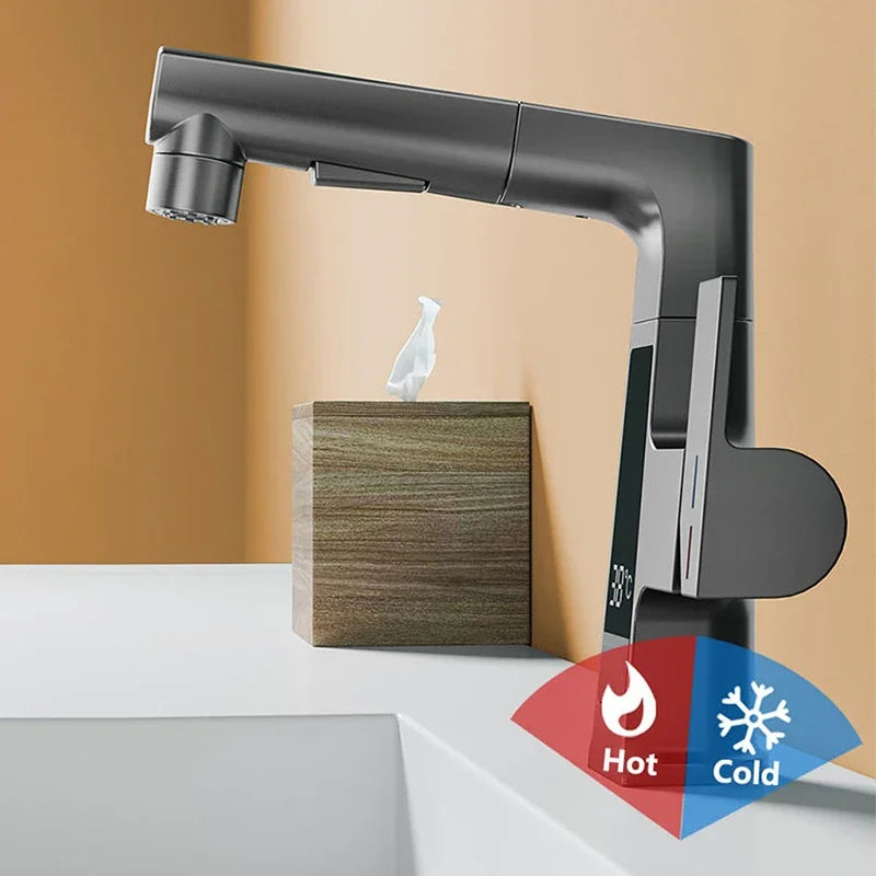 NEW Digital Display Pulling Faucet with Washing Gun Intelligent Temperature Sensor Brass Washbasin Taps Rotating Lifting Cold and Hot Water Mixer Tap Home Bathroom Kitchen Accessories