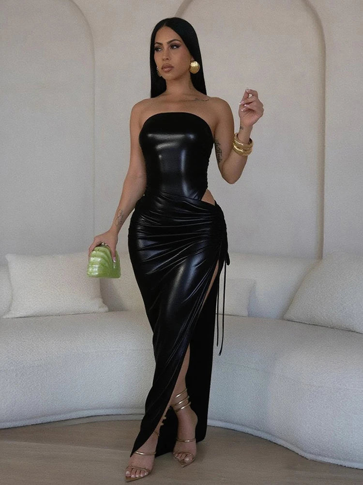 2PCS Set UK Size Silk Summer Women 3 Colors Strapless Bodysuit + Irregular Side Split Shirring Skirts Midnight Clubwear Matching Suits