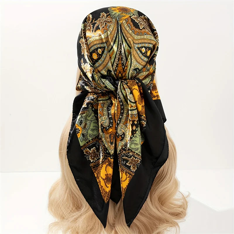 New 90x90cm 18 Colors Silk Shawl Satin Square Scarf For Women Paisley Neckerchief Female New Headband Hair Bands Print Foulard Hijab Wraps Bandana Women Apparel Accessories