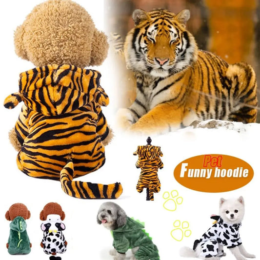 Tiger Animal Halloween Christmas Party Dog Clothes Pet Clothing Warm Fleece Dog Jumpsuit Puppy Cat Dinosaur Outfit French Chihuahua Jacket Holiday Party