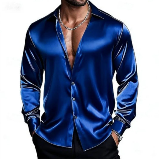 10 Colors S-6XL Plus Size Men's Luxury Satin Shirt Long Sleeved Formal Slim Fit Business Shirt for Spring and Autumn, Luxurious Silk Satin Fashionable Solid Color Men's Apparel Supplies