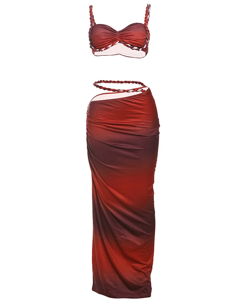 NEW 2PCS Set S-XL UK Size 12 Colors Italian Design Square Collar  Women Bra +Skinny Long Skirts Bandage Ruched  Summer Vacation Beach Party Trend Suits