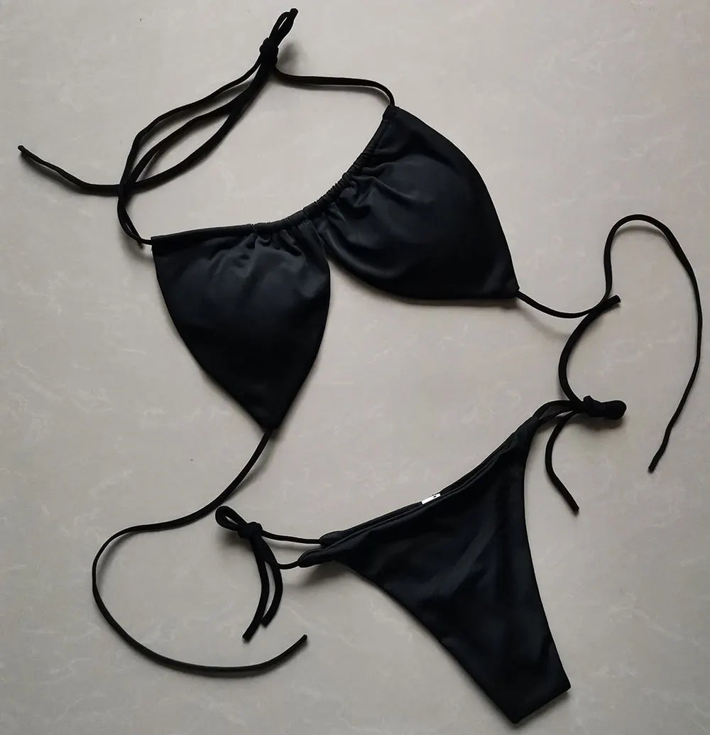 2 PCS Set S-XL Multi-Colors Summer Women's Sexy Bikini Push-Up Padded Bra Brazilian Thong Split Swimwear Female Bandage Bathing Suit Adjustable Lacing Swimsuit Solid