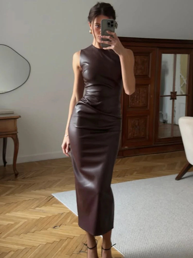 NEW Arrivals Mini/Maxi Luxury PU Leather Elegant Maxi Dress For Women's Bodycon Pleated Sleeveless Long Dresses Vacation Casual Street High Waist Evening Party Dress Ladies Luxury Fashion Clothing Supplies