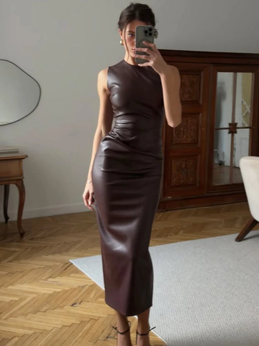 NEW Arrivals Mini/Maxi Luxury PU Leather Elegant Maxi Dress For Women's Bodycon Pleated Sleeveless Long Dresses Vacation Casual Street High Waist Evening Party Dress Ladies Luxury Fashion Clothing Supplies