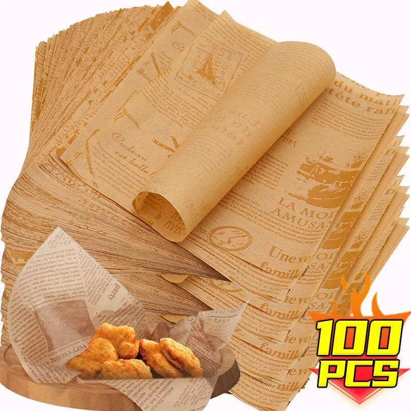 50/100 PCS Set Oil-Proof Non-Stick Baking Paper Bread Burger Wrapping Paper Food Basket Liner Newspaper Greaseproof Deli Paper Sandwich Package Liners.