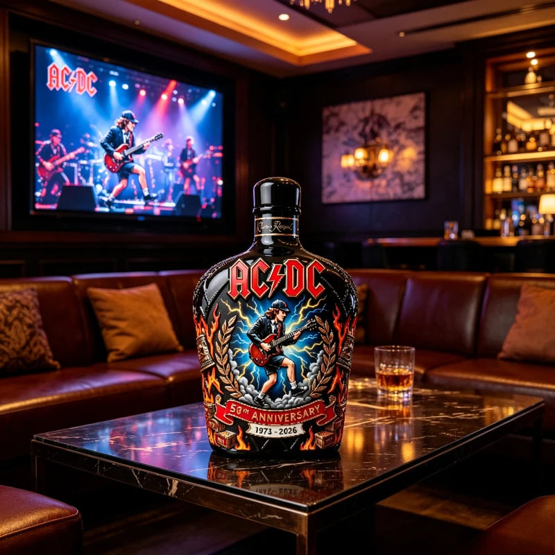 AC/DC Angus Young Lovers 50th Anniversary Collectible Whiskey Bottle 1973-2026 Rock Band Themed Liquor Bottle Collectible Home Bar Decor Gift Pubs Night Club Barware Supplies