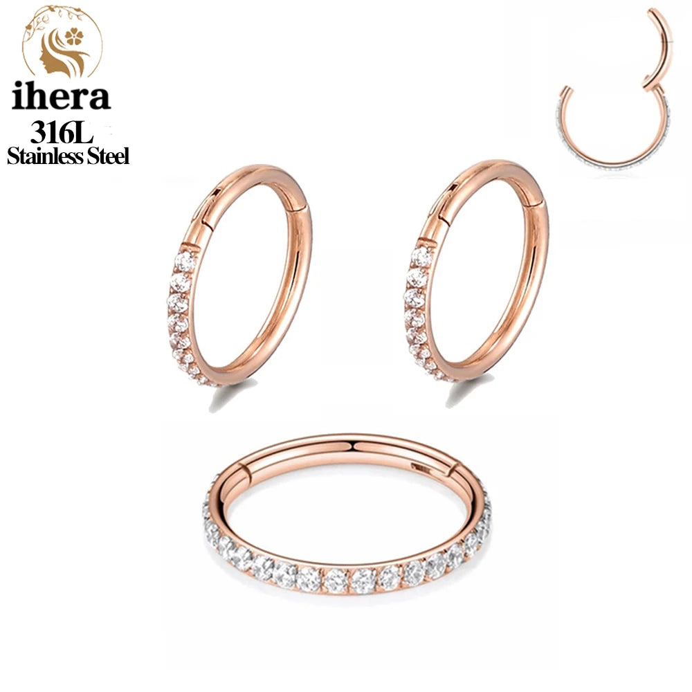 50PCS Set Stainless Steel Zircon Hinged Segment Nose Septum Clicker Ring Round Earrings Hoops Ear Tragus Helix Piercing Jewelry