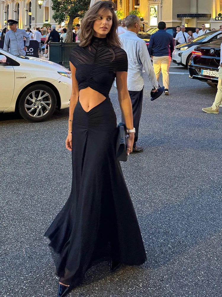 NEW Design Women Sexy Hollow Out Turtleneck Women Maxi Dress Coffee Short Sleeve See Through Mesh Bodycon Elegant Party Evening Dress