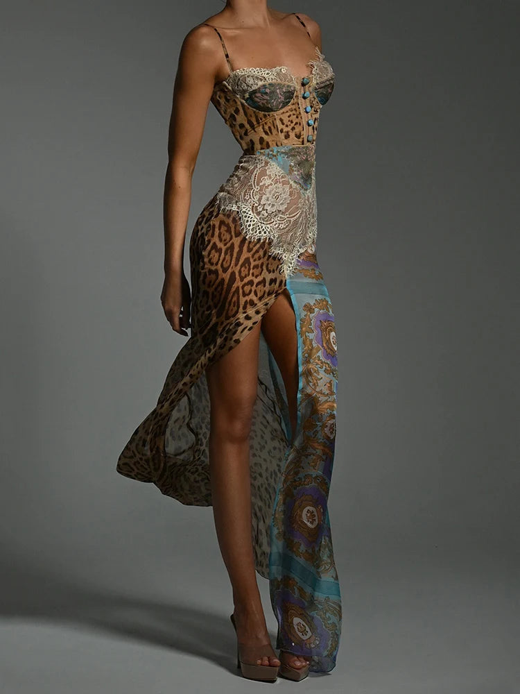 Blue/Coffee Color Sexy Leopard Lace Split Sexy Maxi Dress Women Gown Elegant Patchwork Chiffon Sleeveless Backless Beach Evening Party Dress