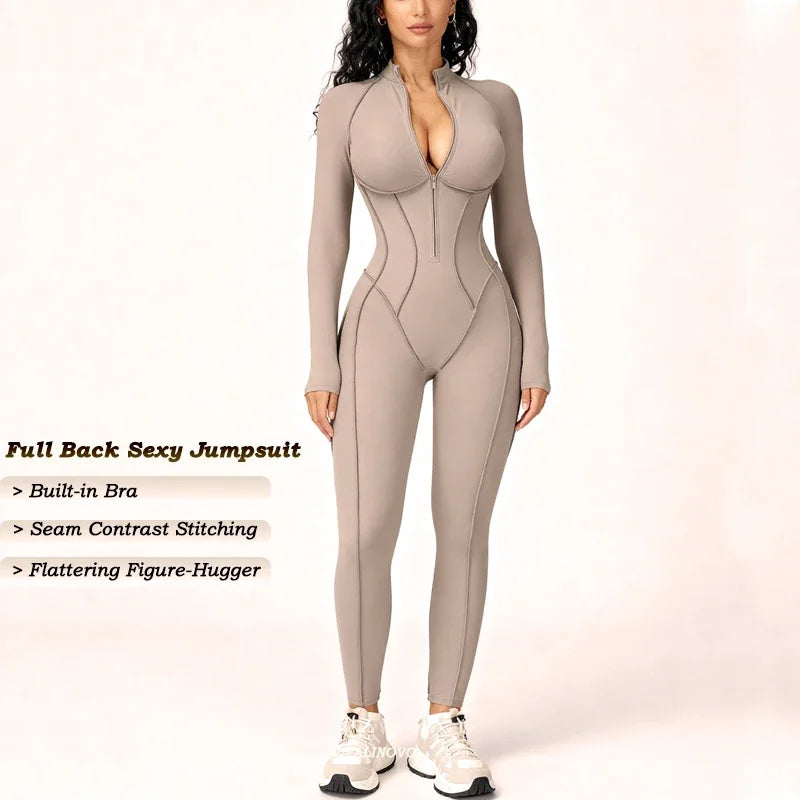 5 Colors Women's Running Onesie Athletic Romper Pants Long Sleeve Zip Up Hiking Outfits One Piece Workout Bodycon Jumpsuits emale Sports Apparel Supplies