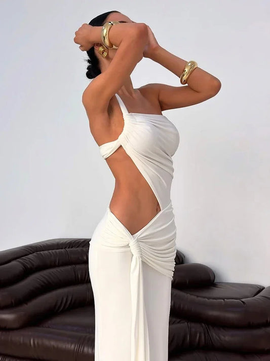 4 Colors UK Size Sexy Backless Hollow Asymmetrical Maxi Dress Women One Shoulder Irregular Pleated Solid Tassel Patchwork Midnight Clubwear Party Dress