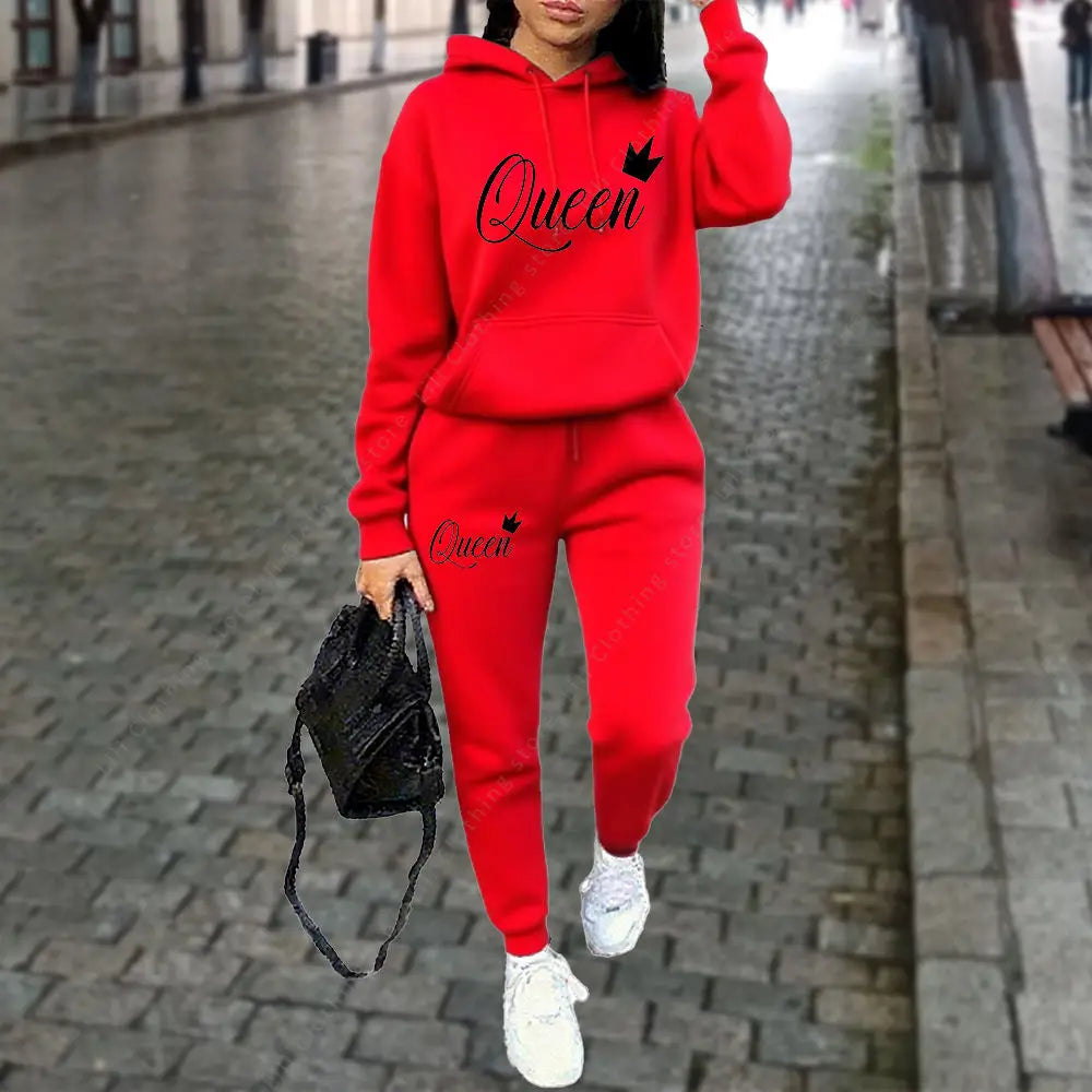 NEW 2PCS Set S-3XL UK Plus Size 10 Colors Queen Letter Graphic Women's Sets Hoodies Pants Suit Autumn Winter Sports Jogging High quality Aesthetic Tracksuit