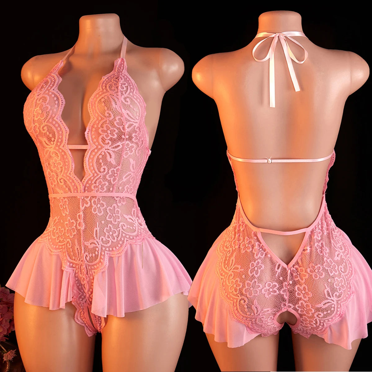 NEW 6 Colors  Sexy Lace Bodysuits Crotchless Deep V Open Teddy Babydoll Sheer Sleepwear Elegant & Seductive Erotic Lingerie For Women