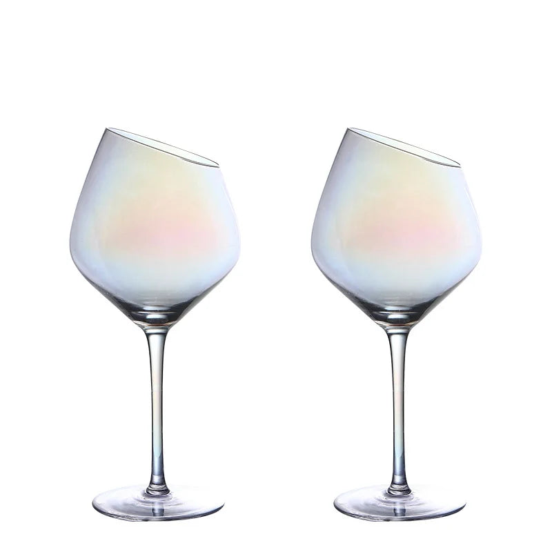 2 PCS Set Color Pearl Luxury Crystal Wine Glass Wedding Party Glassware Drink Cup Plating Rainbow Oblique Bordeaux Goblet Champagne Flutes