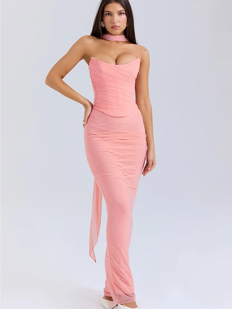 NEW Arrivals 2PCS Set UK Size Pink/Sky Blue Color Sexy Strapless Scarf Mesh Women Skirt Suit Off Shoulder Top Long Skirt Spring Autumn Skinny Elegant Evening Party Sexy Maxi Dress
