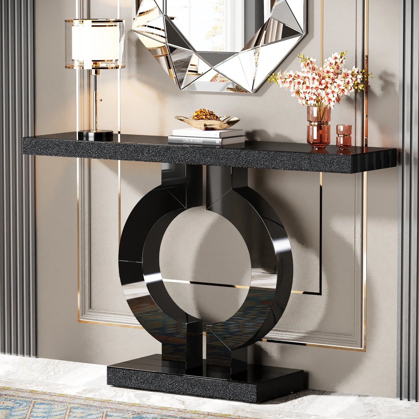 Ivory/Black Color 43-Inch Luxury Modern Mirrored Console Table, Glass Sofa Table with Mirror Finish, Entryway Table with O-Shaped Base, Home Furniture Supplies