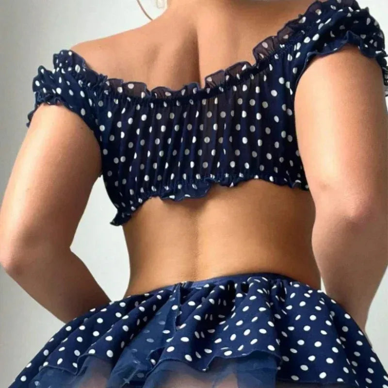 3 PCS Set Blue and Red Color Women's Polka Dot Shoulder Revealing Puffy Skirt Set Sexy Lace Top Skirt Thongs Underwear Suits Intimate Exotic Sets
