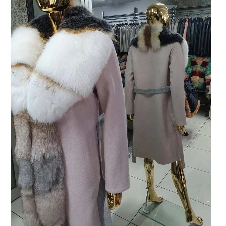 NEW HOT SALE Real Fur Coat Women Cashmere Wool Coat With Fox Fur Long Collar Winter Snow Outerwear Business Dinner Evening Wedding Party Jacket Real Silver Fox Fur Coat Female Ladies Winter Luxury Fashion Clothing Products