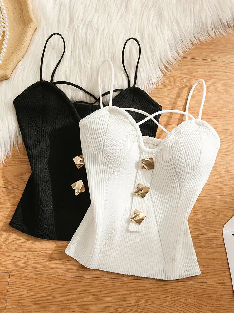 NEW Arrivals Black/White Color Knitted Camisole Sexy Tank Top Women's Summer Outerwear Sexy and Spicy Girl's Inner Layer with A Bottom Top
