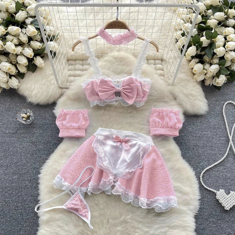 Women Preppy Style Sexy Uniform Sets 2024 V Neck Sheer Top+Lace Up Mini Skirt+Thongs Hollow Out Cosplay Porn Suits