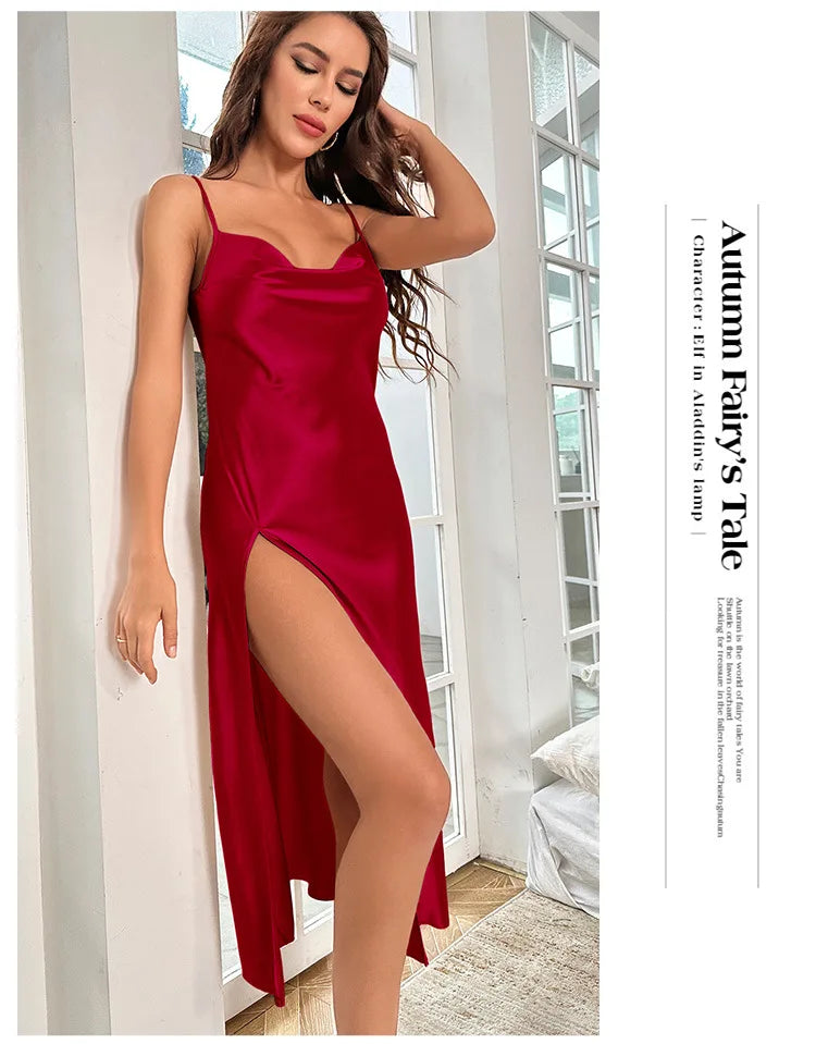 NEW S-XL UK Size 6 Colors Summer Thin Ice Silk Spaghetti Strap Breathable Imitation Silk Sexy Pajamas for Women At Home Backless Slit Camisole Nightgown