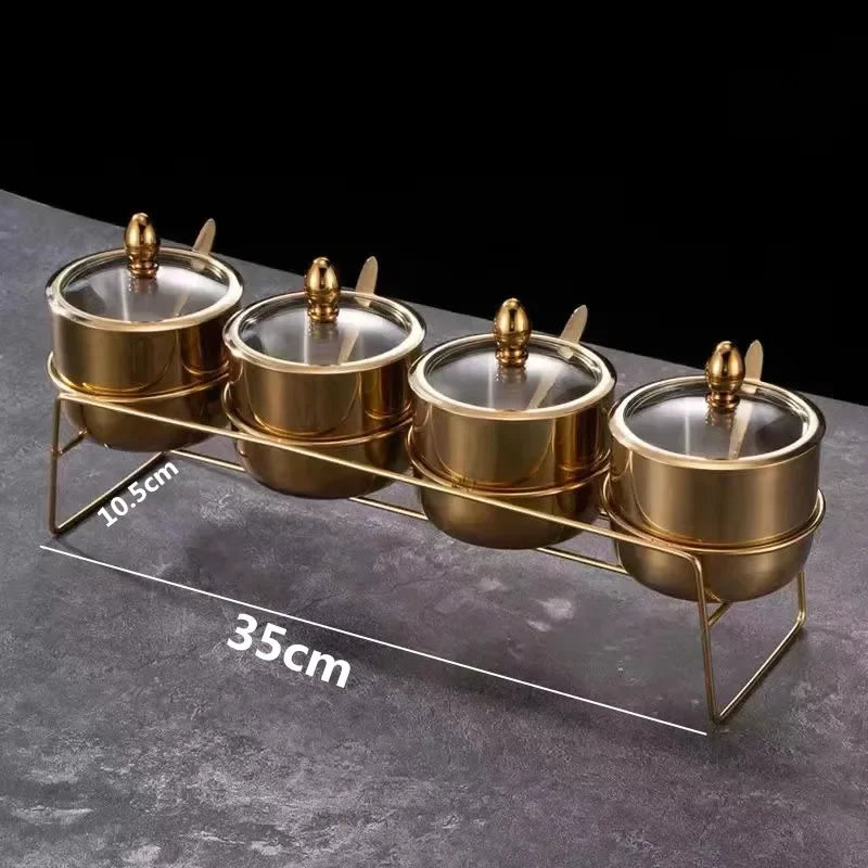 NEW Arrivals 2/3/4 Sets Luxury Golden 304 Seasoning Box Bottle Glass Pot Cap with Spoon Flavoring, Holder Rack Tank Sauce Spice Jar Salt Soy Storage Box Kitchenware Preparing Cooking Tools