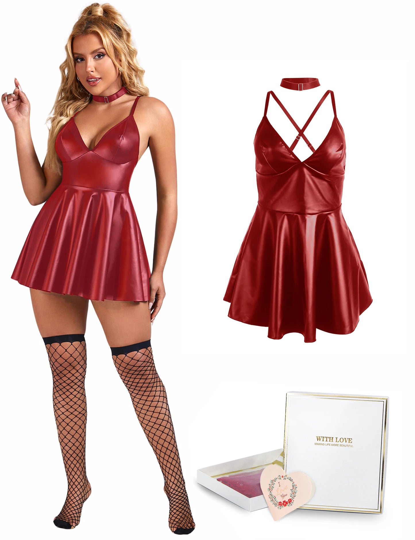 S-3XL UK Plus Size 4 Colors Sexy PU Leather Suspender + Gift Box Curvy Girls Sexy Nightdress Evening Party Night Clubwear Outfit Women Leather Mini Dress