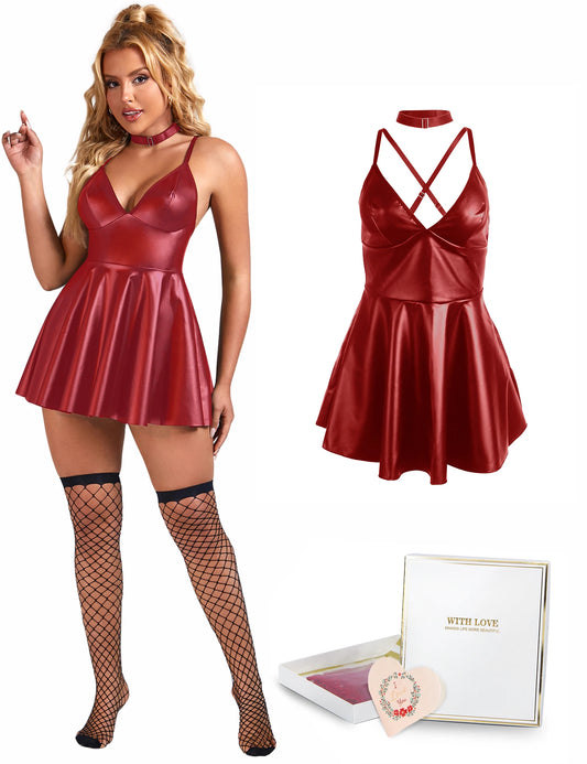 S-3XL UK Plus Size 4 Colors Sexy PU Leather Suspender + Gift Box Curvy Girls Sexy Nightdress Evening Party Night Clubwear Outfit Women Leather Mini Dress