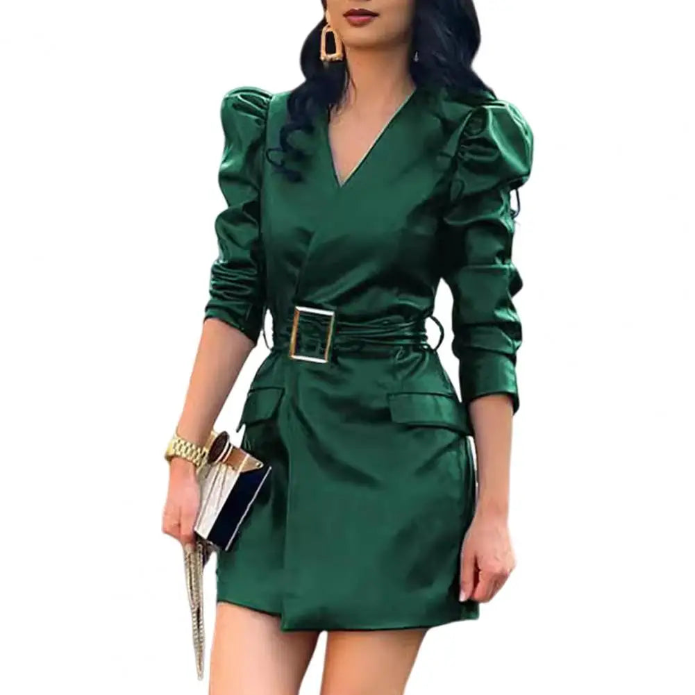 NEW Arrivals S-XL 4 Colors Summer Women Dress Smooth Faux Leather V Neck Long Bubble Sleeves Belted Waist Lady Dress Slim Fit Solid Color Mini Dress Ladies Luxury Fashion Clothing Supplies