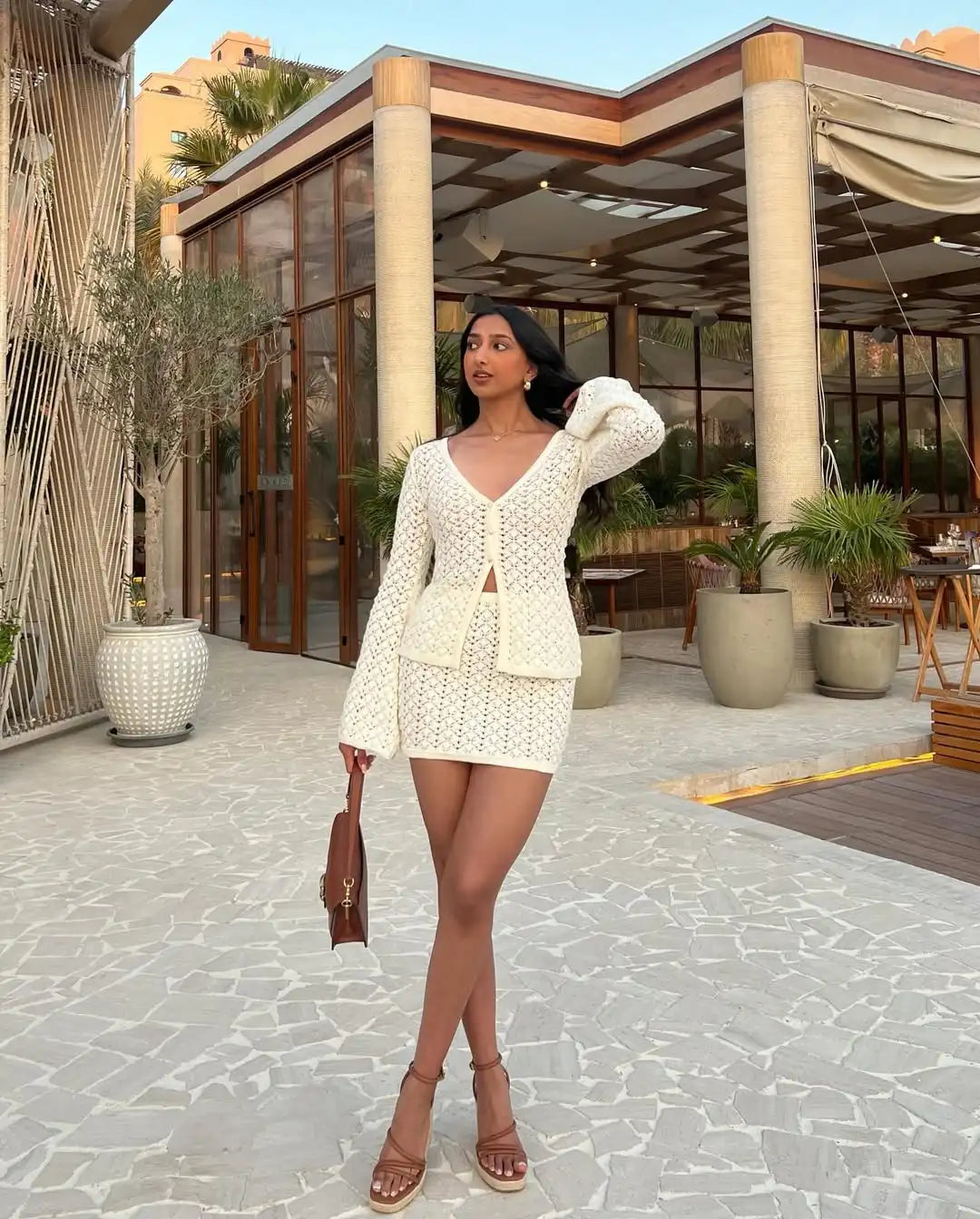 NEW Arrivals UK Size White/Light Green Color Spring Summer Knitted Blouse Suit Women's Sexy Cardigan Top Slim Short Skirt Bikini Suit Beach Vacation Dress Matching Sets