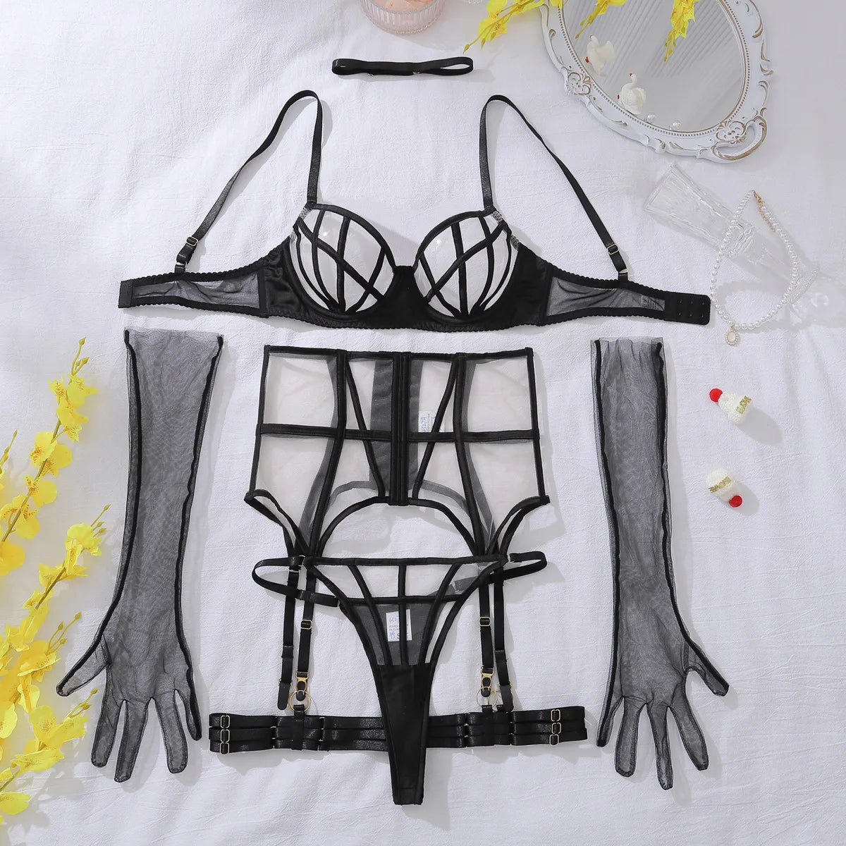 4 PCS Set Black/Red Color Sexy Garter Belts + Gloves Lingerie Suit for Women Solid Color Mesh Patchwork See-Through Women's Underwear Suit Sexy Gloves Garters Underwear Sets